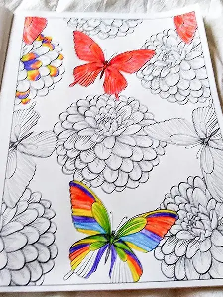 A chronic health condition makes it difficult for Ashley to be outside during the heat, so she spends the day indoors with adult coloring books. Image by Ashley Belcher. United States, 2020.