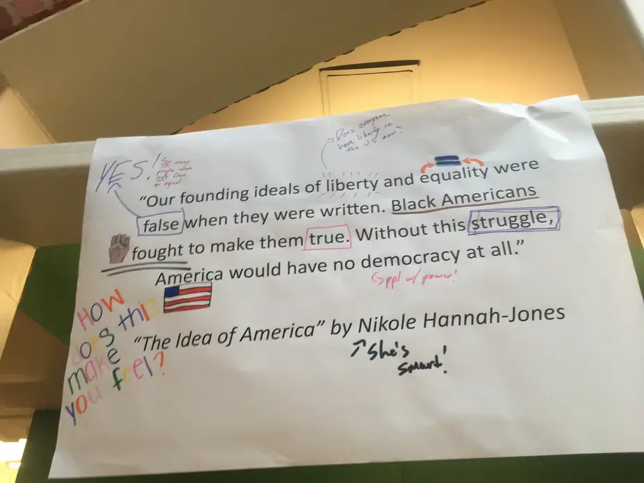 Image of students' response to quotes from The 1619 Project as part of a day-long student event 