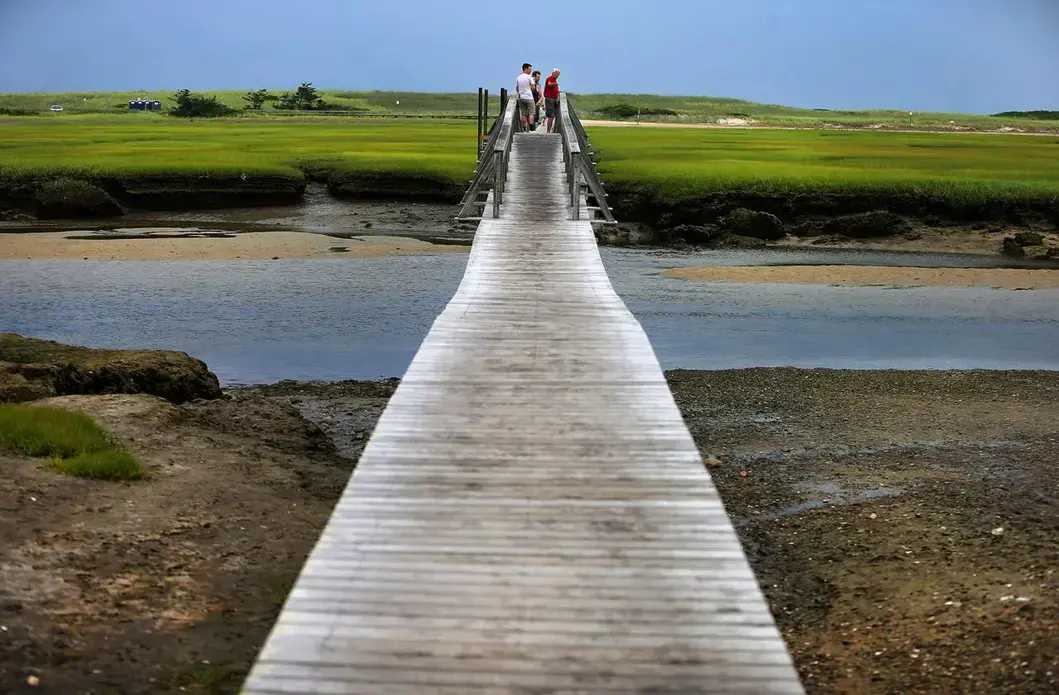 Marsh surrounds the Sandwich Boardwalk, which has been battered in storms. Image by John Tlumacki. United States, 2019.