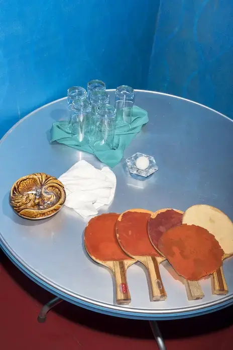 Table-tennis gear at the Kobangsan Guest House, on the outskirts of Pyongyang. Image by Max Pinckers/The New Yorker. North Korea, 2017.