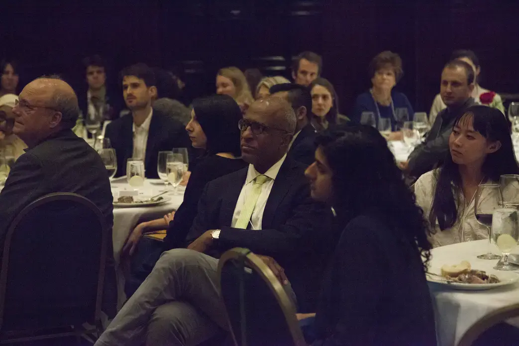 University of Pennsylvania student fellow Gareth Smail, Pulitzer Center grantee Emily Feldman, Pulitzer Center board member Joel Motley, and Johns Hopkins University Bloomberg School of Public Health student fellow Poonam Daryani. Image by Jin Ding. Washington, DC, 2017.