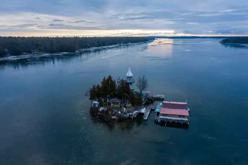 Dollar Island at Les Cheneaux Islands on Lake Huron in the Upper Peninsula of Michigan on Nov. 20, 2019. Kenneth Kloster Sr., also known as ' Captain Ken,' bought the island in 1981 right before the record-setting high water levels of 1986. Image by Zbigniew Bzdak / Chicago Tribune. United States, 2020.