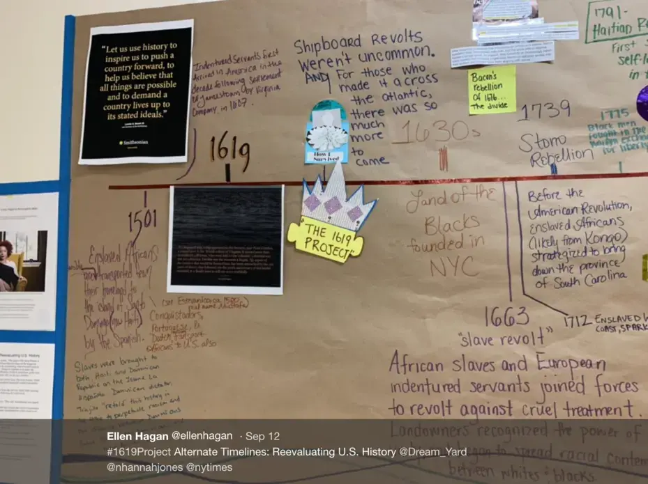 Image of a tweet capturing how students used The 1619 Project and the Pulitzer Center's education resources to develop a timeline of U.S. history that includes events described in the project's essays and creative works. 