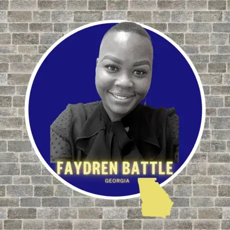 Headshot of Faydren Battle smiling inside a blue circle, with a greyscale brick wall background
