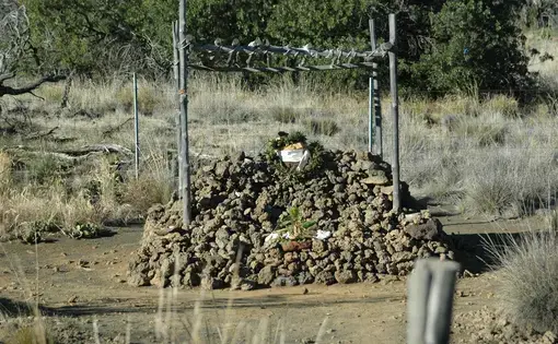 One way Native Hawaiians show respect to their ancestors is through the piling of stones into Ahu, or shrines. There are many shrines like this one on the slopes of Mauna Kea. Image by Sarah Ruiz. United States, 2016.&nbsp;