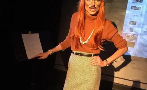 Ms. Saltine in full makeup at the Frontier Theatre performing her newest work, Impressions. Image courtesy of Will Curtis. United States, 2019.