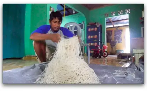 Sumatra farmer Abdul Manan makes pasta from the pith of sago palm trees. Unlike oil palm, which can only grown on dry land, the indigenous sago is water-tolerant. Indonesia wants farmers to plant more swamp trees, avoiding the need to drain its coastal wetlands. Image by Daniel Grossman. Indonesia, 2019.
