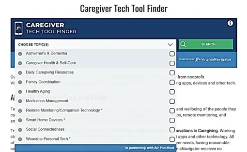 The new Caregiver Tech Tool Finder promotes the best mobile apps and websites under the categories listed above. It is available to all families and older adults seeking improved well-being and support. Image courtesy of Martha Gizaw. United States, 2020.