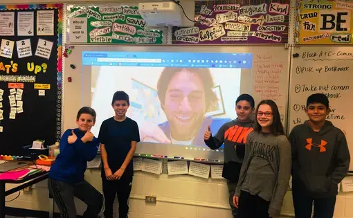 Jahd Khalil dials in from Cairo to speak with Jack London Middle School 6th graders. Image courtesy of Tracy Crowley. United States, 2018.