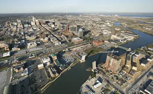 Aerial view of Baltimore, Maryland with river and drawbridges. Image by iofoto / Shutterstock. United States, undated.