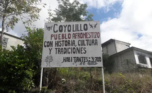 This sign welcomes newcomers and residents into the Afro-Mestizo town. Shadowing Coyolillo at the top are depictions of a bull's head, its mascot. Image by Jonathan Custodio. Mexico, 2018.