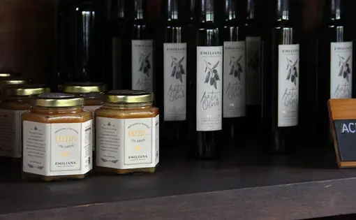 Honey and olive oil sold at Emiliana Vineyards as a part of the Social Responsibility Program. Image by Taylor Lord. Chile, 2017.