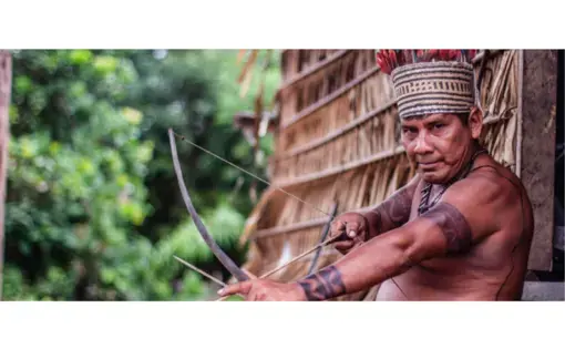 Bernardino, the Campo Branco village tuxaua (leader). He has so far resisted threats from outsiders who have demanded he leave the Sateré’s ancestral lands on the Mariaquã River. Image by Matheus Manfredini. Brazil, 2019.
