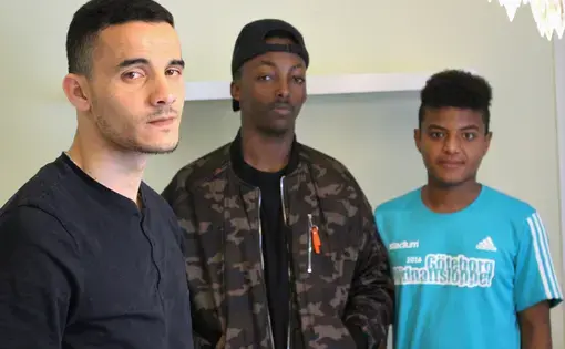 From left to right: Marwan, 16, from Mauritania by way of Morocco, Khalid, 15, from Ethiopia and Amar, 15, from Eritrea, in a Mölndal youth asylum center. Each is awaiting asylum. Image by Amy Russo. Sweden, 2017.