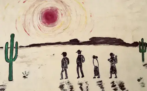 A painting of migrants by Sister Betty Campbell,&nbsp;at her home in Juárez. Image by Lily Moore-Eissenberg. Mexico, 2019.