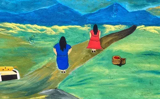 Mural in the capitol of Coto Brus depicts indigenous women, in traditional clothing, making the long journey into the mountainous terrain of Southern Costa Rica and Panama. Image by Samira Tella. Costa Rica,&nbsp;2018.