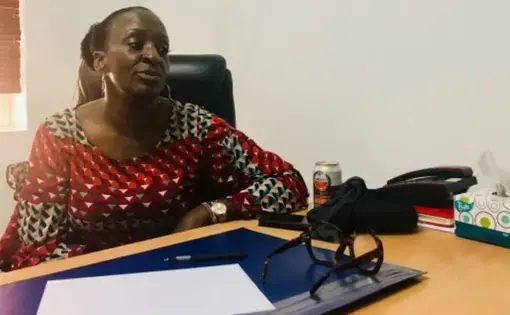 Joyce Okungbowa, founder of the Domestic Violence Assistance Line Initiative, sits at her desk in her office. Image by Joy Ikekhua. Nigeria, 2019.