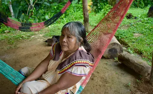 Doña Maria sits outside her home in an indigenous territory in Costa Rica, waiting to share her experiences working as a midwife for the Ngäbe-Buglé community. Image by Samira Tella. Costa Rica, 2018.