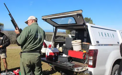 Dr. Fowlds prepares to locate, and tranquilize the white rhino needed for the day's procedure. Image by Kelsey Emery. South Africa, 2017.