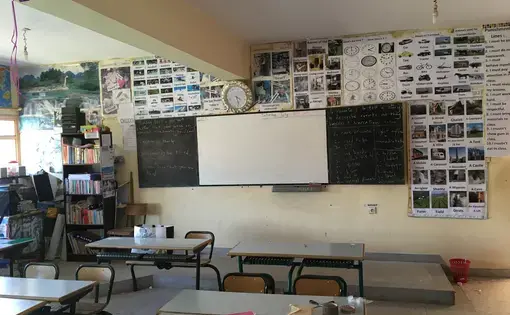 A classroom in Khenifra is decorated with posters and vocabulary lists. Image by Gareth Smail. Morocco, 2017.