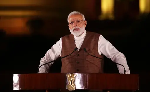 Prime Minister Narendra Modi thanked and promised a better India at Parliament in New Delhi. Image by Madhuram Paliwal / Shutterstock.com. India, 2019.