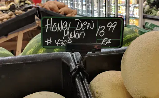 Honeydew melons, which would cost about $6 each in southern Canada, are on sale at Iqaluit's Arctic Ventures Marketplace for $13.99. Image by Julie De Meulemeester. Canada, 2018.&nbsp;