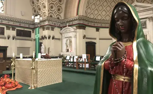 A Black Virgin Mary stands sentry at Corpus Christi Catholic Church, a Black parish on Chicago's South Side currently battling threats of closure. Image by Sarah Cahalan. United States, 2020.