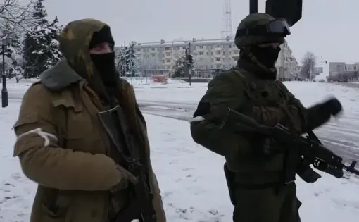 Separatist forces in the so-called Luhansk People's Republic. Image by PBS NewsHour. Ukraine, 2019.