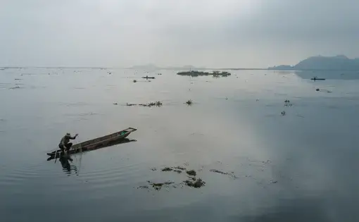 A Meitie fisherman fishes near phumshangs (floating huts) in Loktak Lake, Manipur. The construction of the Ithai Dam flooded over 80,000 hectares of farm and pasture land in the vicinity of the Loktak wetland. The Loktak Development Authority has been dredging the phumdis (floating biomass) and has cleared over 800 Phumshangs in the name of lake clean-up for efficient power generation. Image by Neeta Satam. India, 2017.