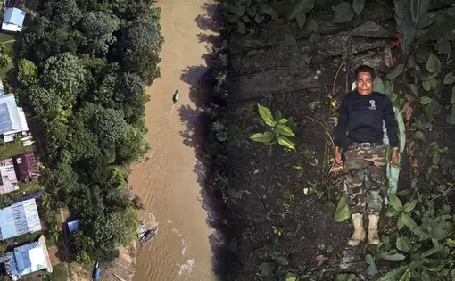 On the right, José Gregorio poses for an aerial portrait showing the front of his organization's shirt. On the left, an aerial view of the Amazon rainforest that surrounds the Amacuyacu river in Colombia.