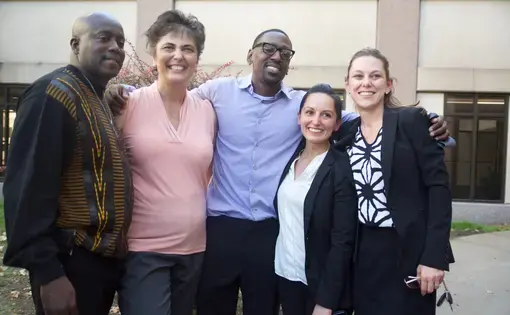 Tricia Rojo Bushnell with Lamonte McIntyre on the day of his exoneration.