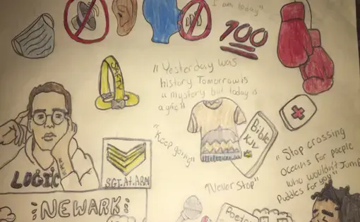 Example of a student mural by a student in Jazmin Puicon's class, including boxing gloves, the Newark skyline, and inspirational quotes.