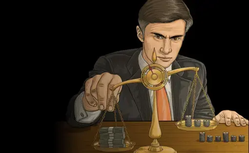 Illustration of a man in a suit and tie using a balance scale labeled "inversiones pensiones" and "America Latina." The heavier side has stacks of paper currency. The lighter side has stacks of coins.