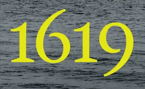 The 1619 Project logo shows "1619" superimposted in yellow above the ocean.