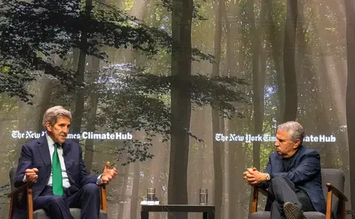 U.S. Climate Envoy John Kerry in interview with NYT writer Thomas Friedman in Glasgow at special event. Photo by Chris J Dunn. Scotland, 2021.