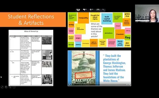 Screenshot from a webinar with Buffalo Public Schools. A teacher shows examples of student reflections on "The Idea of America" in a worksheet and on a jamboard.