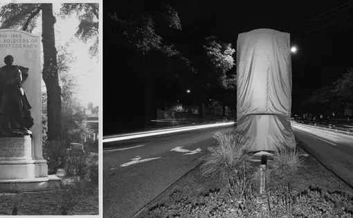 A side by side comparison of a monument and it covered up