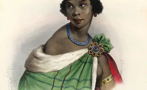 A portrait drawing of a woman wearing a crown and cape
