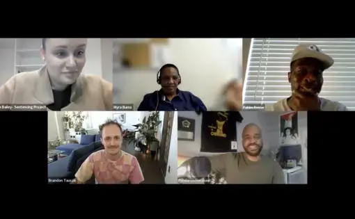 Five speakers in individual thumbnails on a Zoom webinar screen.