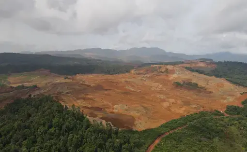 An aerial overview of a deforested area in Indonesia.