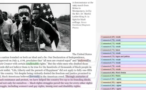 Screenshot from a student's annotation of "The Idea of America" by Nikole Hannah-Jones.