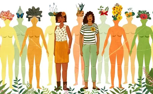 A graphic of women with flowers on their heads
