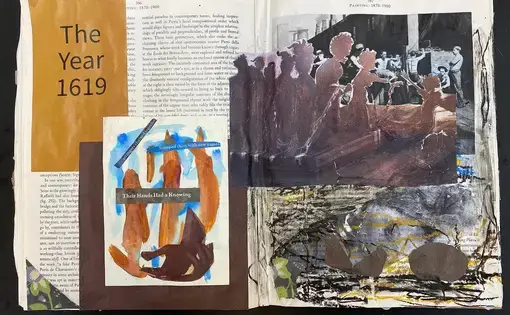 An Altered book with images collaged into an old text book