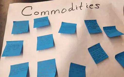 Poster with the word "commodities" and post-its filled out by students.