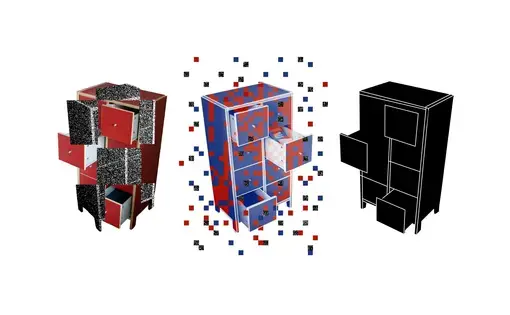 three illustrated file cabinets
