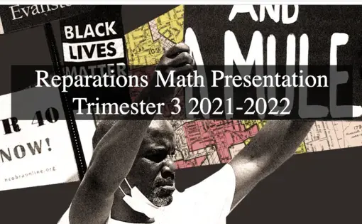 Collage of images including a Black man holding a sign, signs with the text "40 acres and a mule." and maps of different neighborhoods.