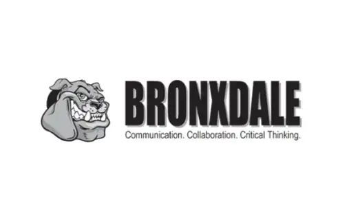 Bronxdale High School Logo - Bronxdale in large black letters with a gray cartoon bull dog on the left. Underneath the school name are the words Communication, Collaboration, and Critical Thinking