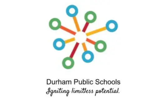 Bull City Scholars Logo - multi-color abstract shape in the center of a white background with Durham Public Schools and the phrase "Igniting limitless potential" in black text underneath