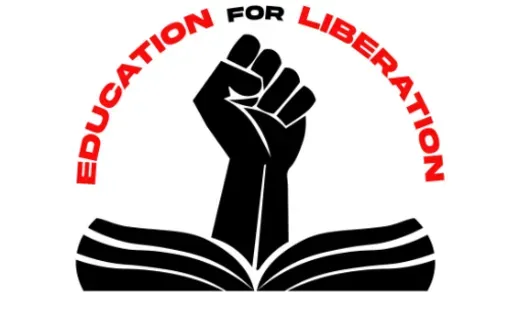 Education for Liberation Logo - Black fist above a black open book; red and black text that reads "Education for Liberation" in an arch shape above the black fist