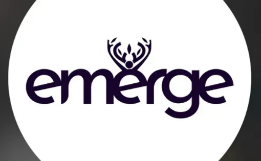 EMERGE Los Angeles Logo. The word emerge with a crown over the middle e.